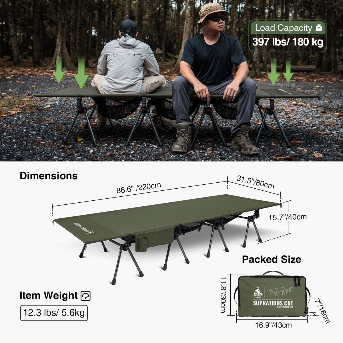 Camping cot with people sitting on it, load capacity, dimensions, and packed size displayed.