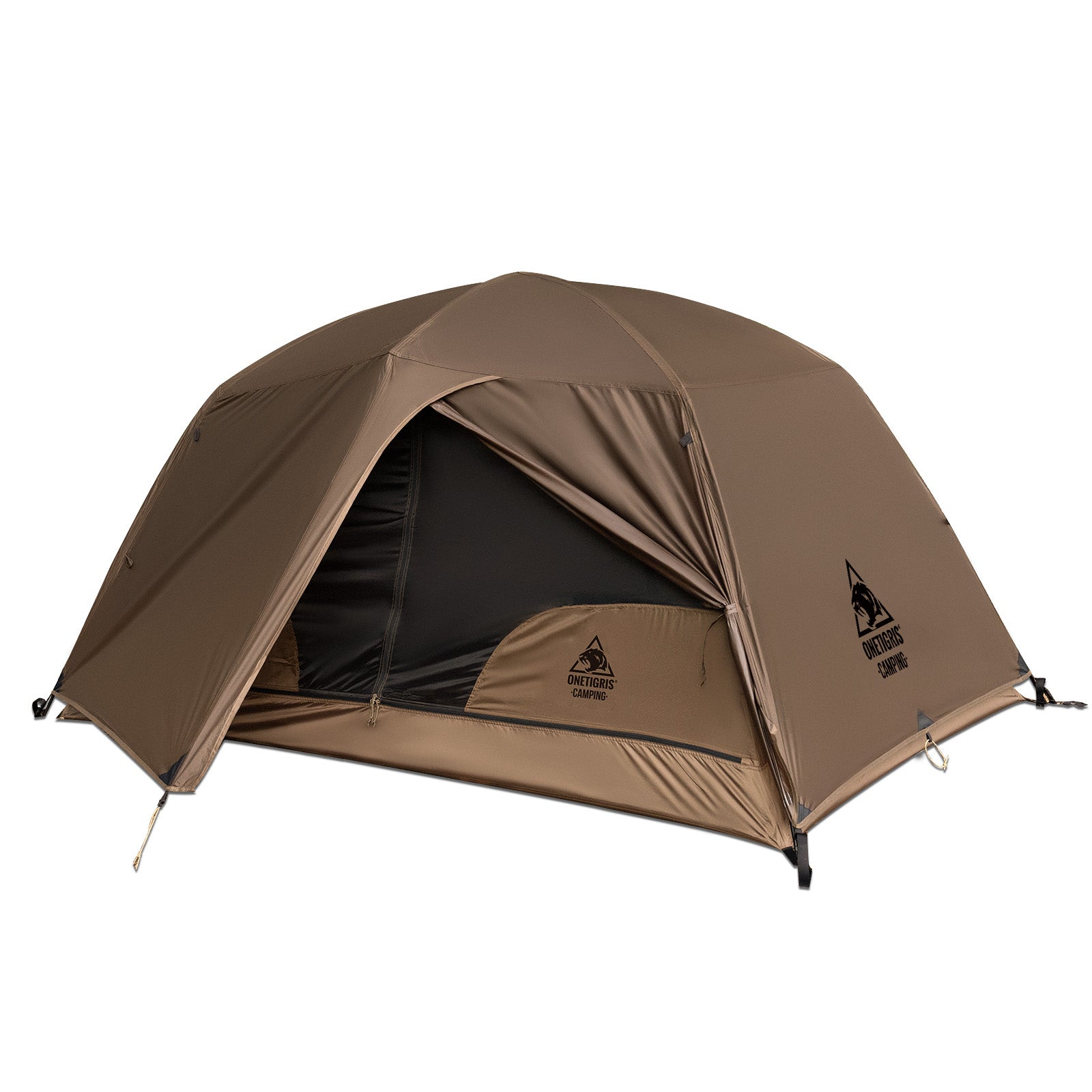Brown camping tent with a visible brand logo on a white background