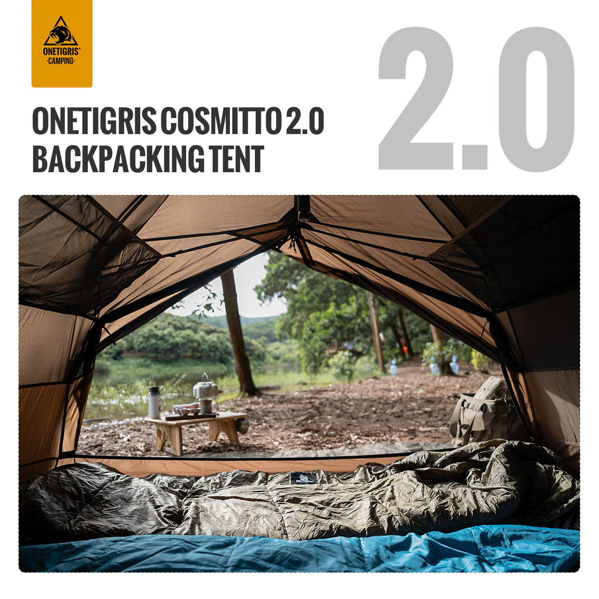 Backpacking tent with view of nature, featuring OneTigris branding.