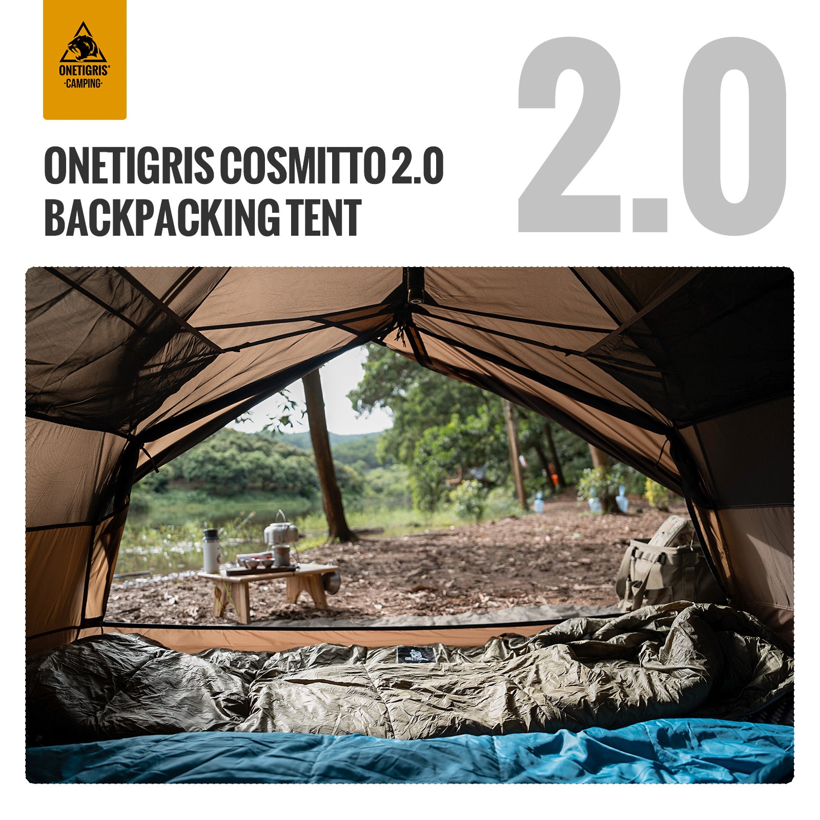 Backpacking tent with view of nature, featuring OneTigris branding.