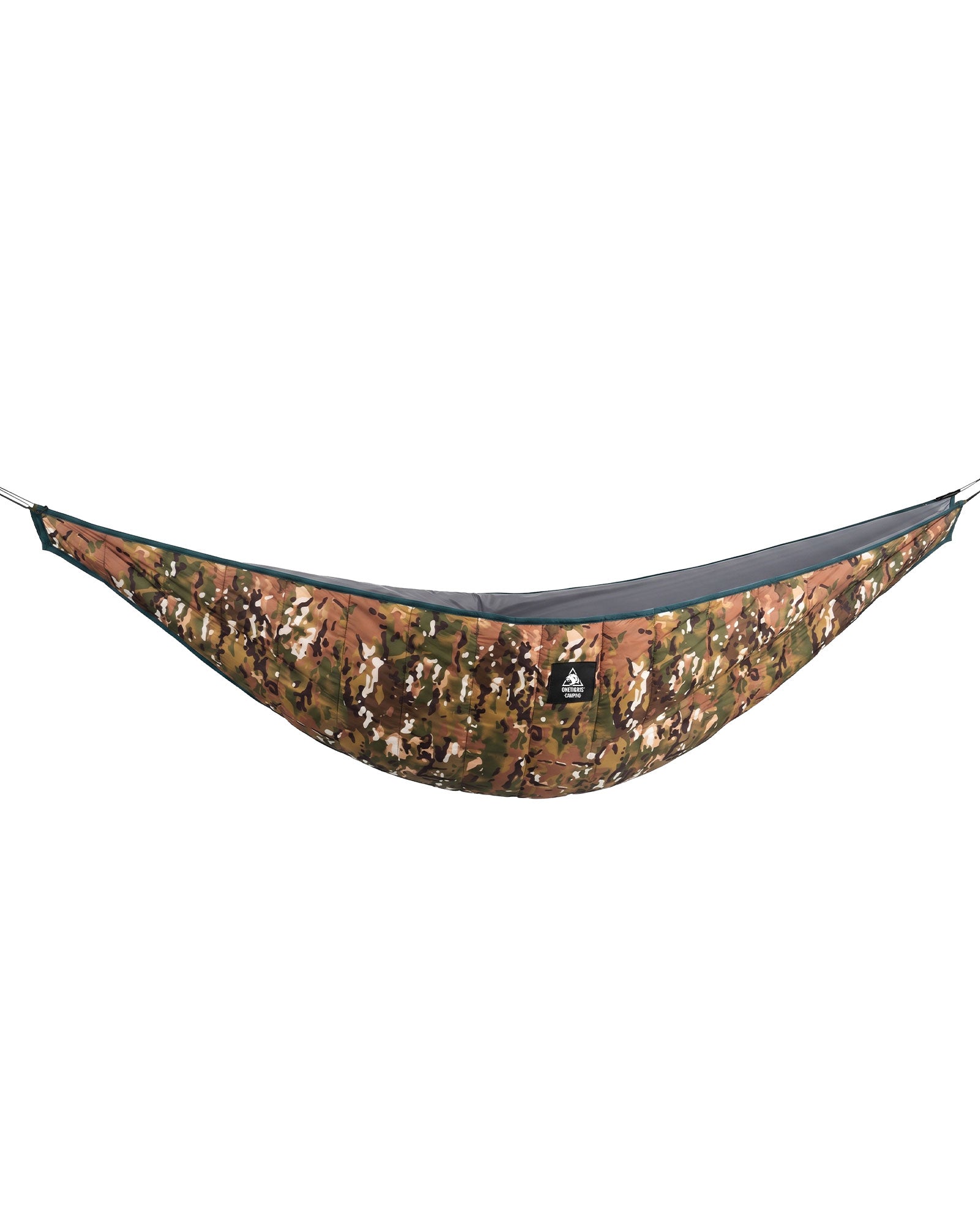 Camouflage hammock Under-Quilt with gray interior on a white background