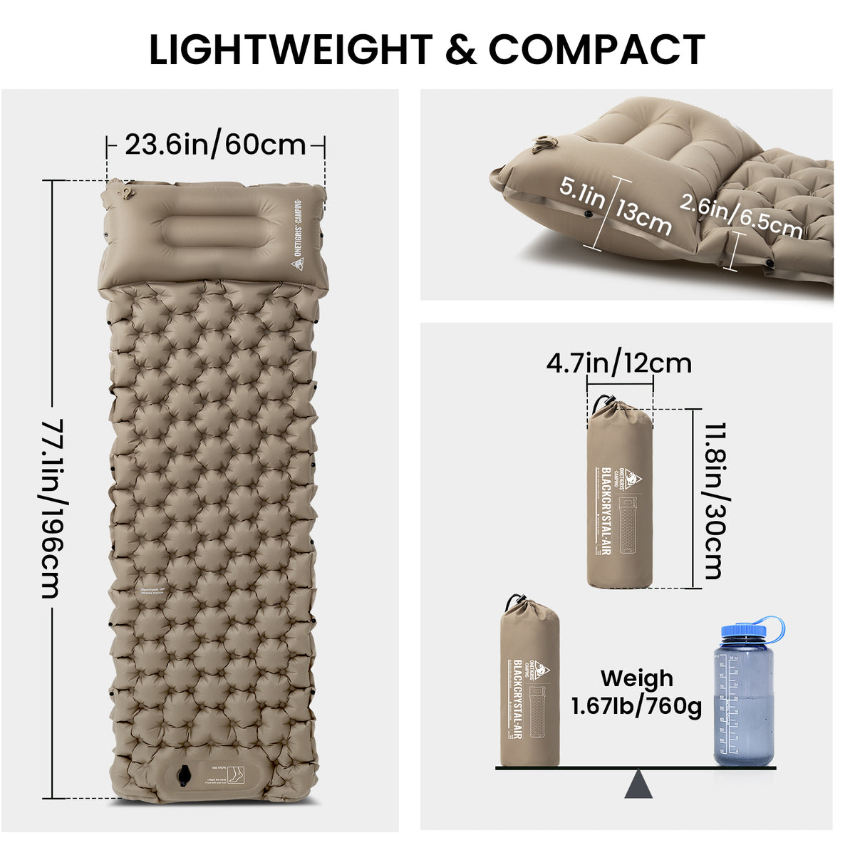Inflatable sleeping pad with dimensions and weight displayed