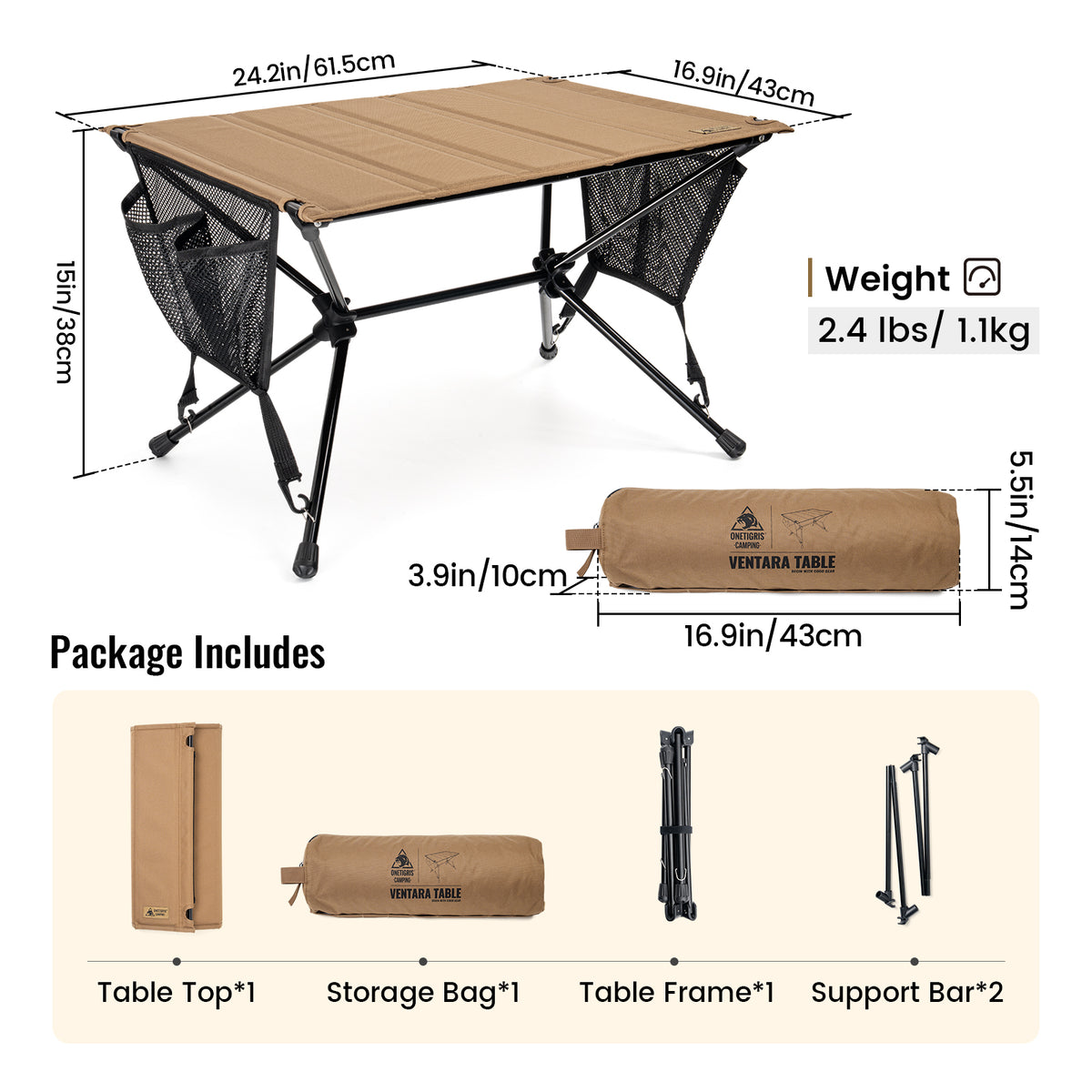 Camping table with dimensions, weight, and package contents on a white background