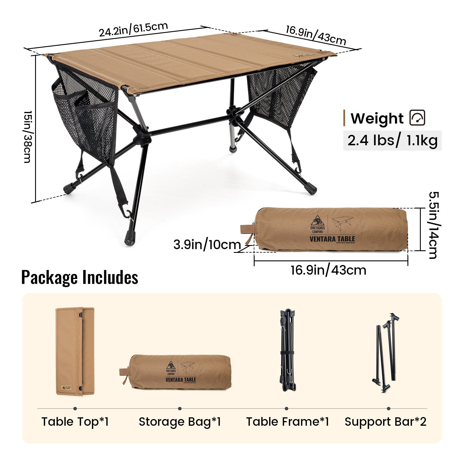 Camping table with dimensions, weight, and package contents on a white background