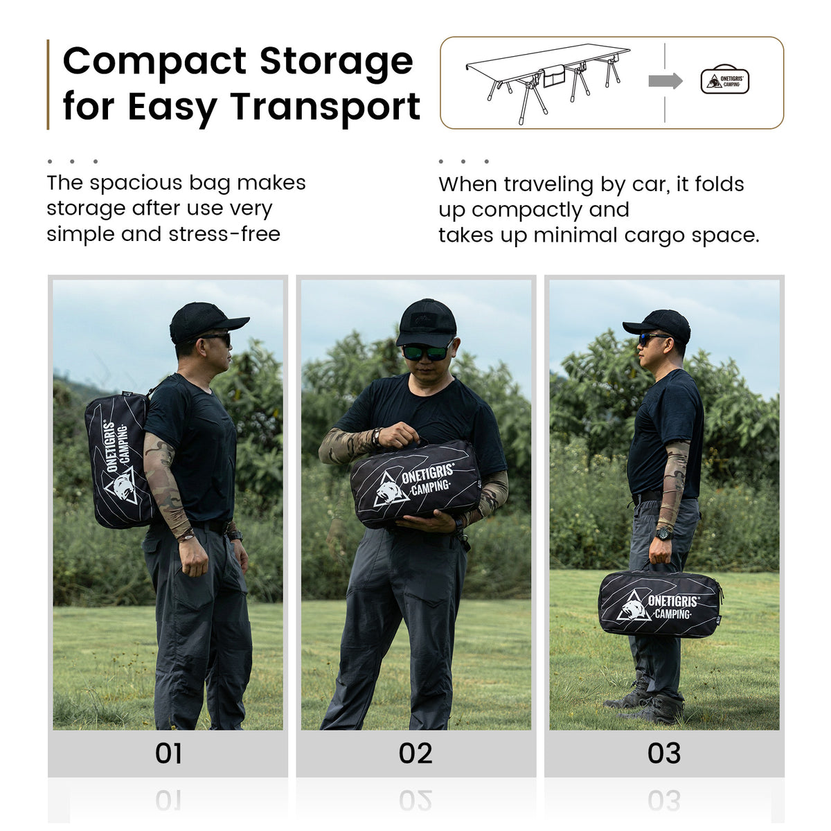 Person demonstrating the compact storage bag for easy transport with text explaining its features.