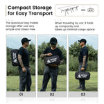Person demonstrating the compact storage bag for easy transport with text explaining its features.