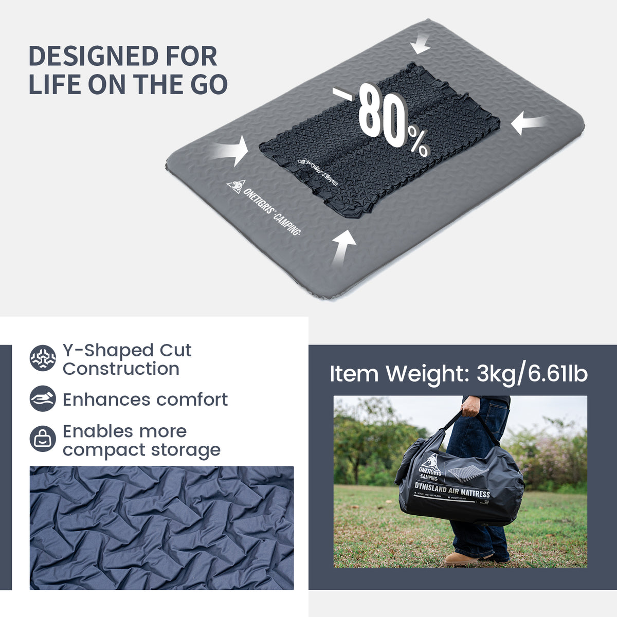 Air mattress with text highlighting features and usage, including a person carrying it outdoors.