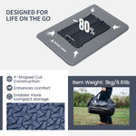 Air mattress with text highlighting features and usage, including a person carrying it outdoors.