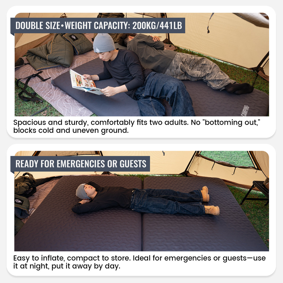 Camping mattress with text highlighting features and usage scenarios.Easy to inflate, compact to store.
