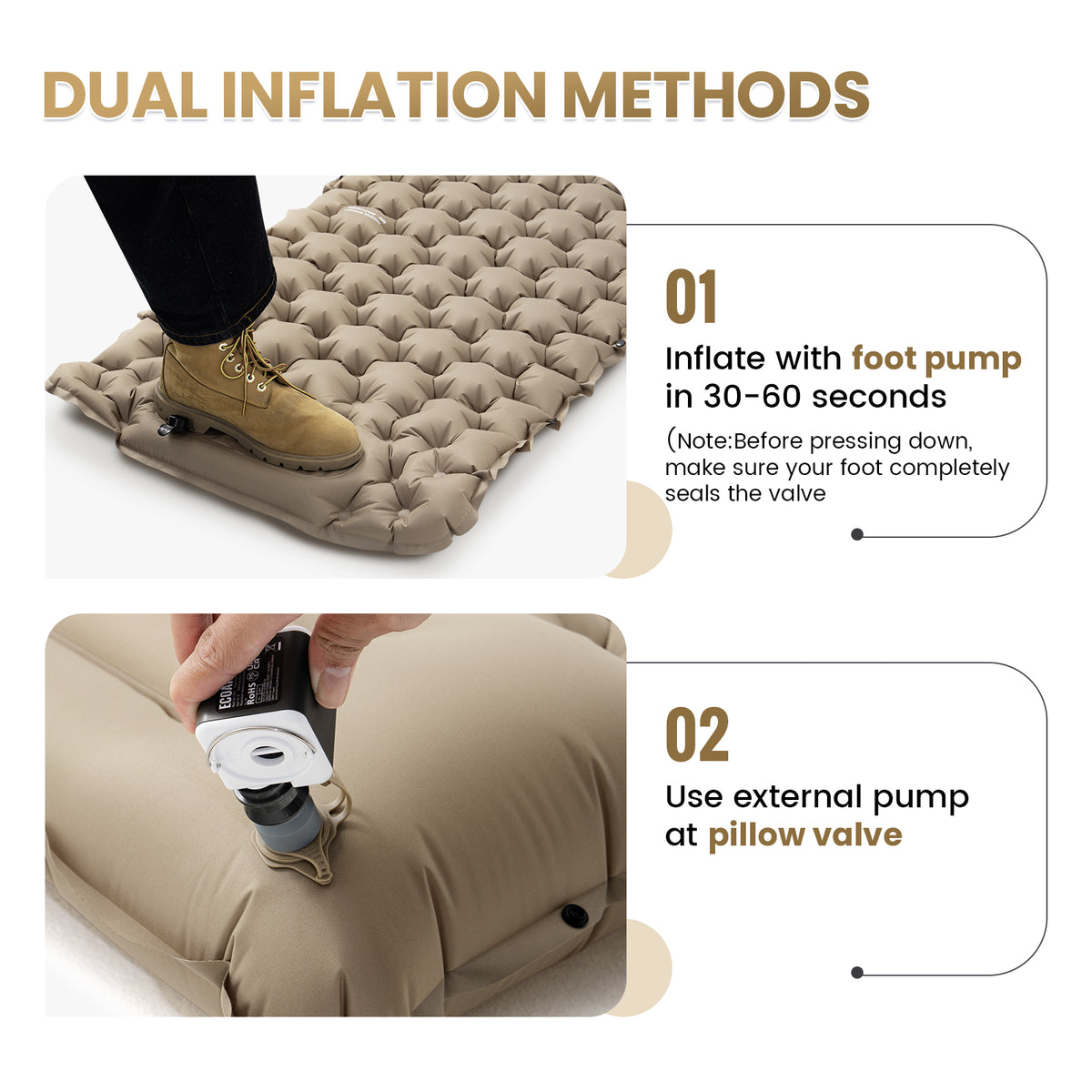 Inflatable mat with dual inflation methods shown, including foot pump and external pump.