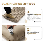 Inflatable mat with dual inflation methods shown, including foot pump and external pump.