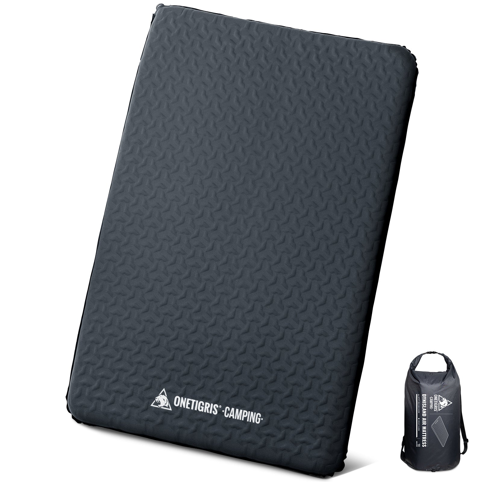DYNISLAND AIR SELF-INFLATING MATTRESS with textured surface and OneTigris Camping logo, accompanied by a smaller black bag.
