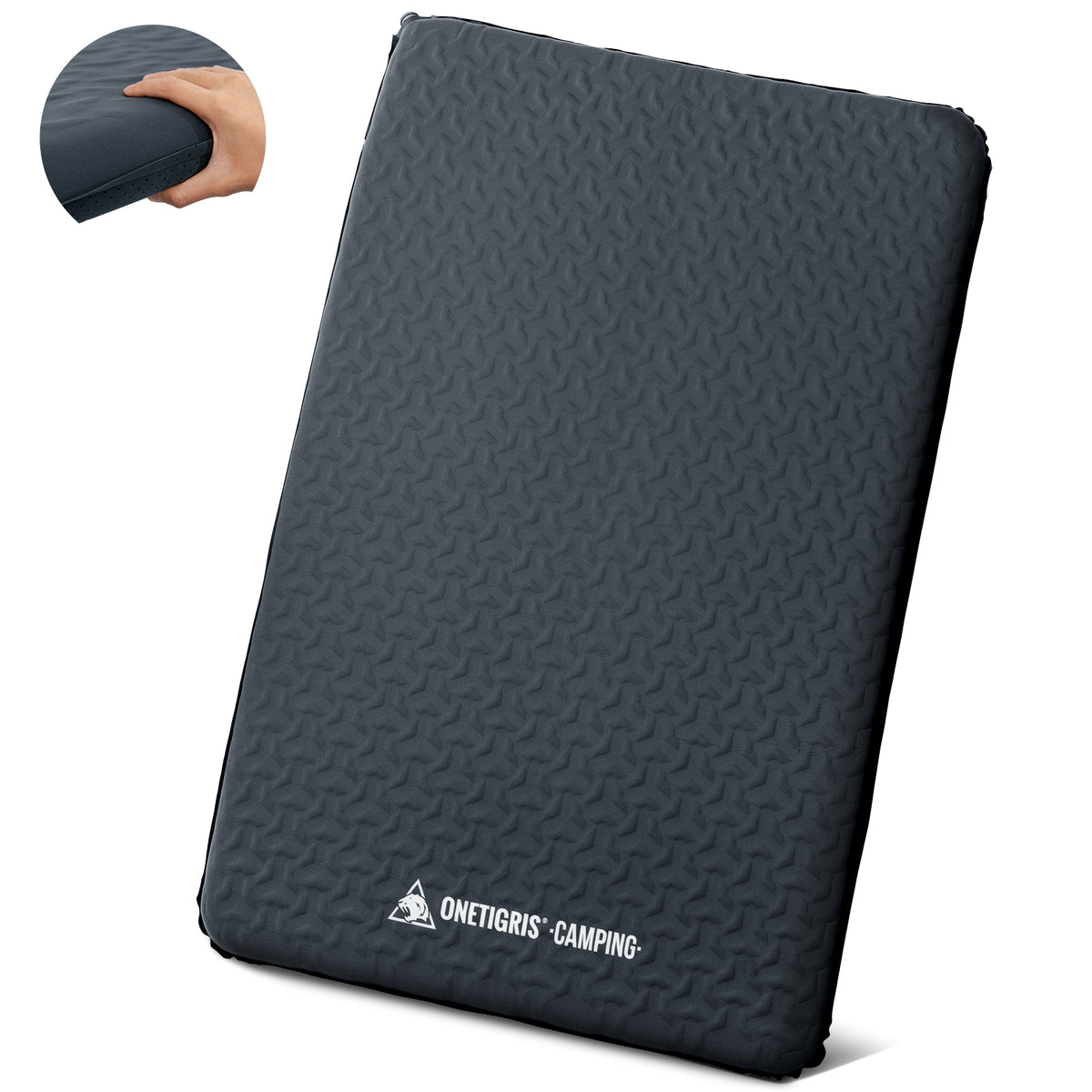 Gray camping mat with textured surface and OneTigris Camping logo on a white background