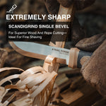 Scandigrind single bevel knife with wooden handle and blade, surrounded by wood shavings.