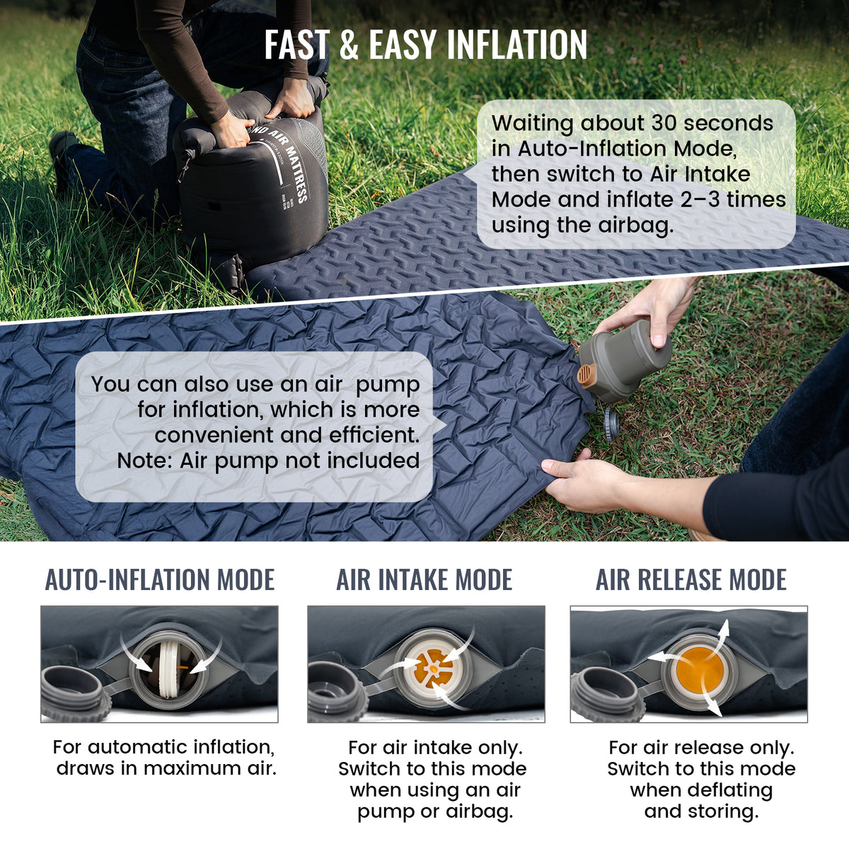 Instructions for inflating a camping mat with text and images of the process.