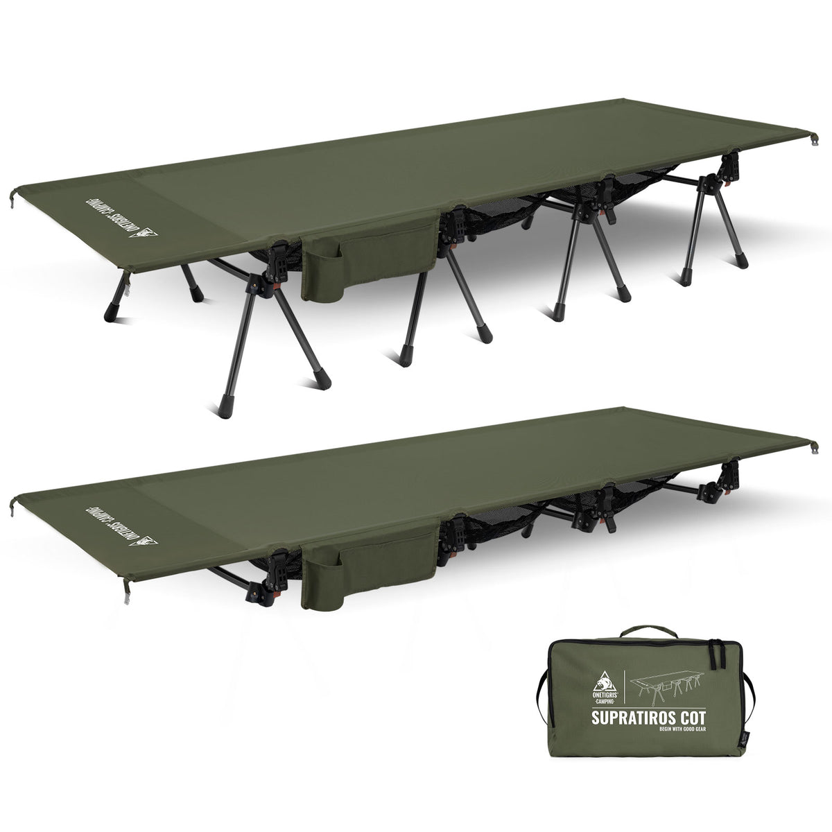Green camping cot with legs and carrying bag on a white background
