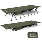 Green camping cot with legs and carrying bag on a white background