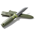 Green folding knife with a white background