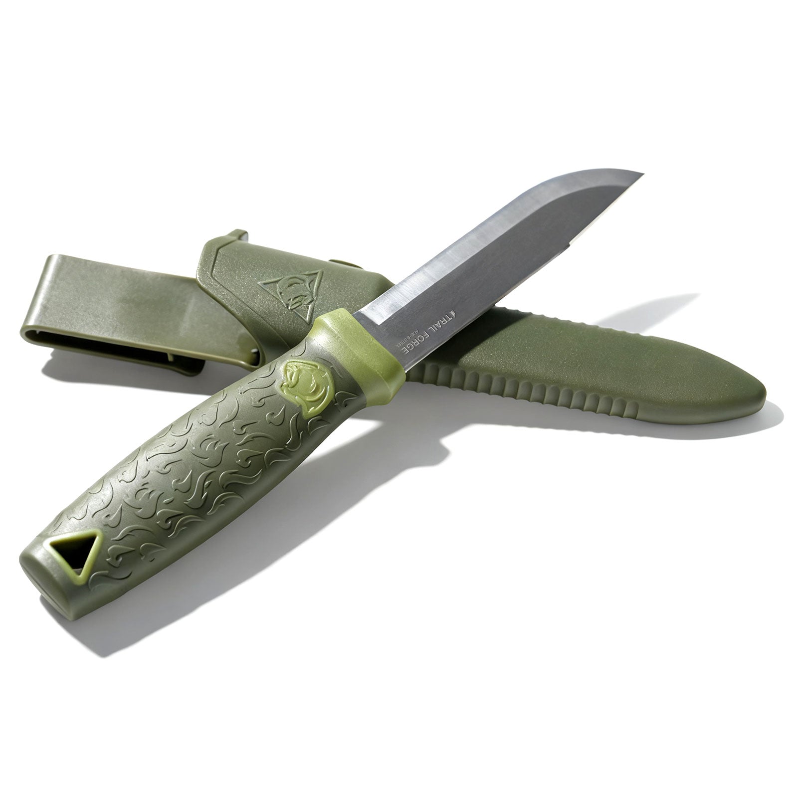 Green folding knife with a white background