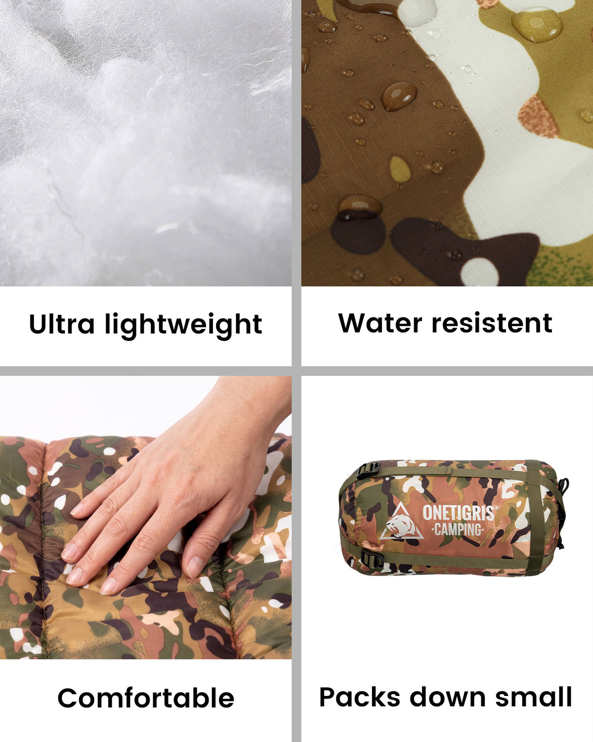 Camouflage pouch with features labeled as ultra lightweight, water resistant, comfortable, and packs down small.
