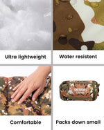 Camouflage pouch with features labeled as ultra lightweight, water resistant, comfortable, and packs down small.