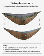 Onetigris camping Hammock underquilt setup instructions with text on a white background