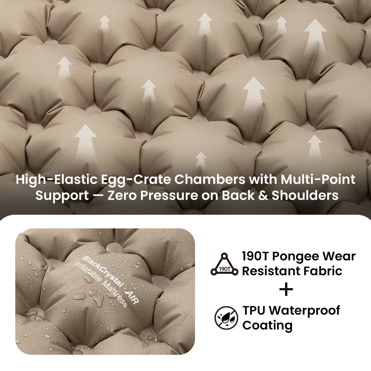 Beige mattress with text highlighting features like high-elastic egg-crate chambers and waterproof coating.