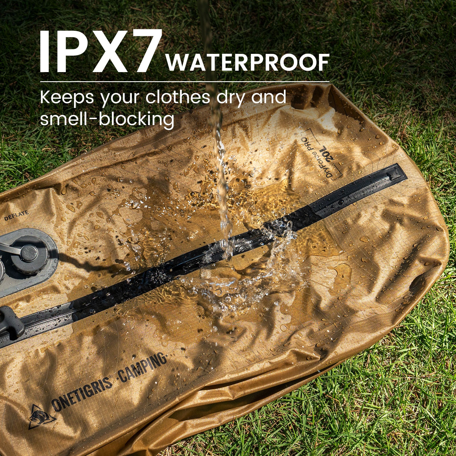 A OneTigris camping storage bag sits on the grass, with water being poured directly onto the zipper area. Large text at the top reads 