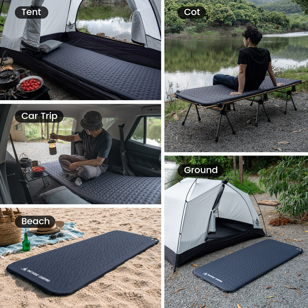 The usage scenarios for the NIGHTFALL Cot Pad illustrate its application across a variety of outdoor settings—including inside tents, vehicles, on beaches, and directly on the ground.