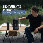 A man is sitting by a lake, comparing a water bottle with a packed inflatable sleeping pad to highlight the pad's lightweight and portable characteristics; the packed pad weighs 1.2 kg.