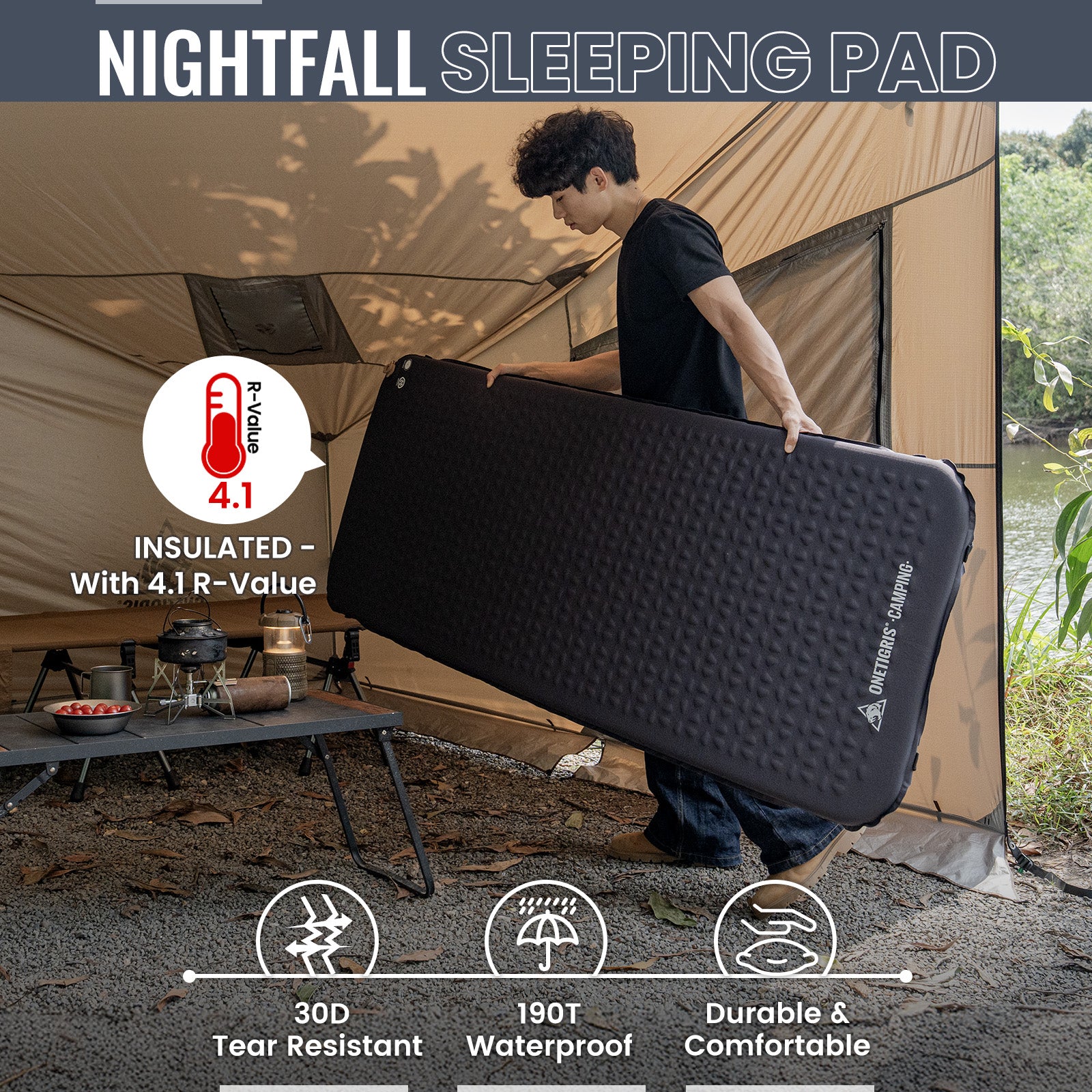 A person holding a Nightfall sleeping pad, with a camping setup visible in the background; the inflatable pad displays an R-value of 4.1.