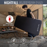 A person holding a Nightfall sleeping pad, with a camping setup visible in the background; the inflatable pad displays an R-value of 4.1.