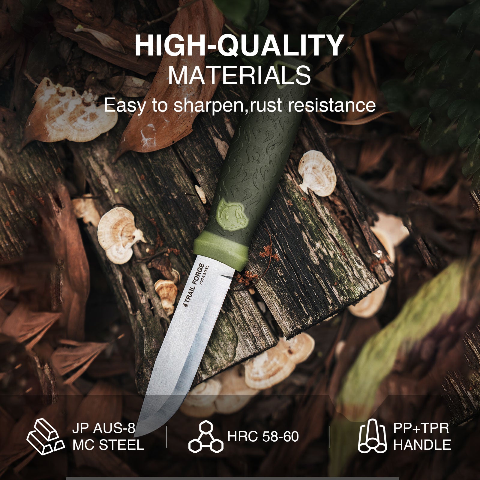 Knife with green handle on a wooden surface with text about high-quality materials