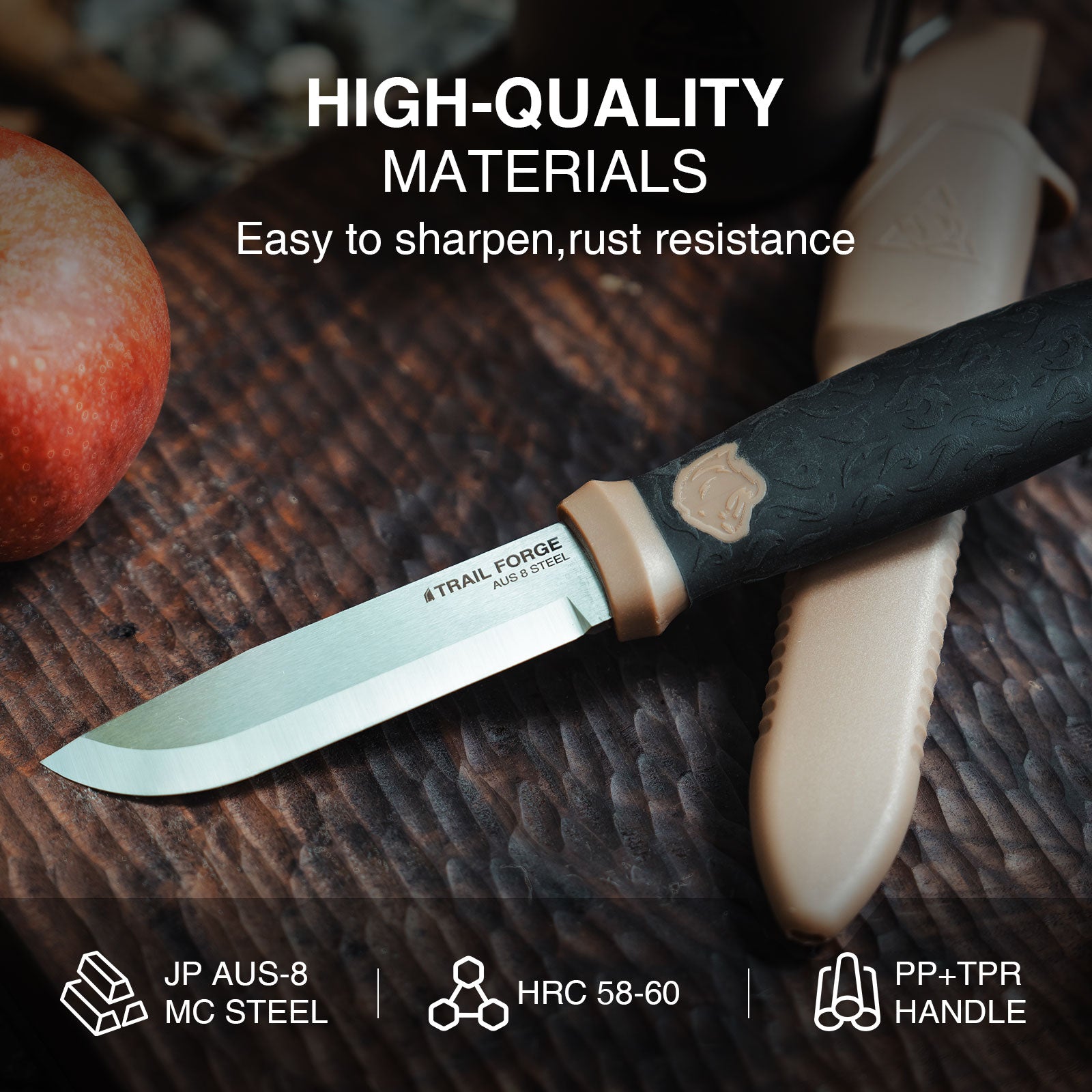 Knife with a wooden handle on a wooden surface, surrounded by high-quality materials text and specifications.
