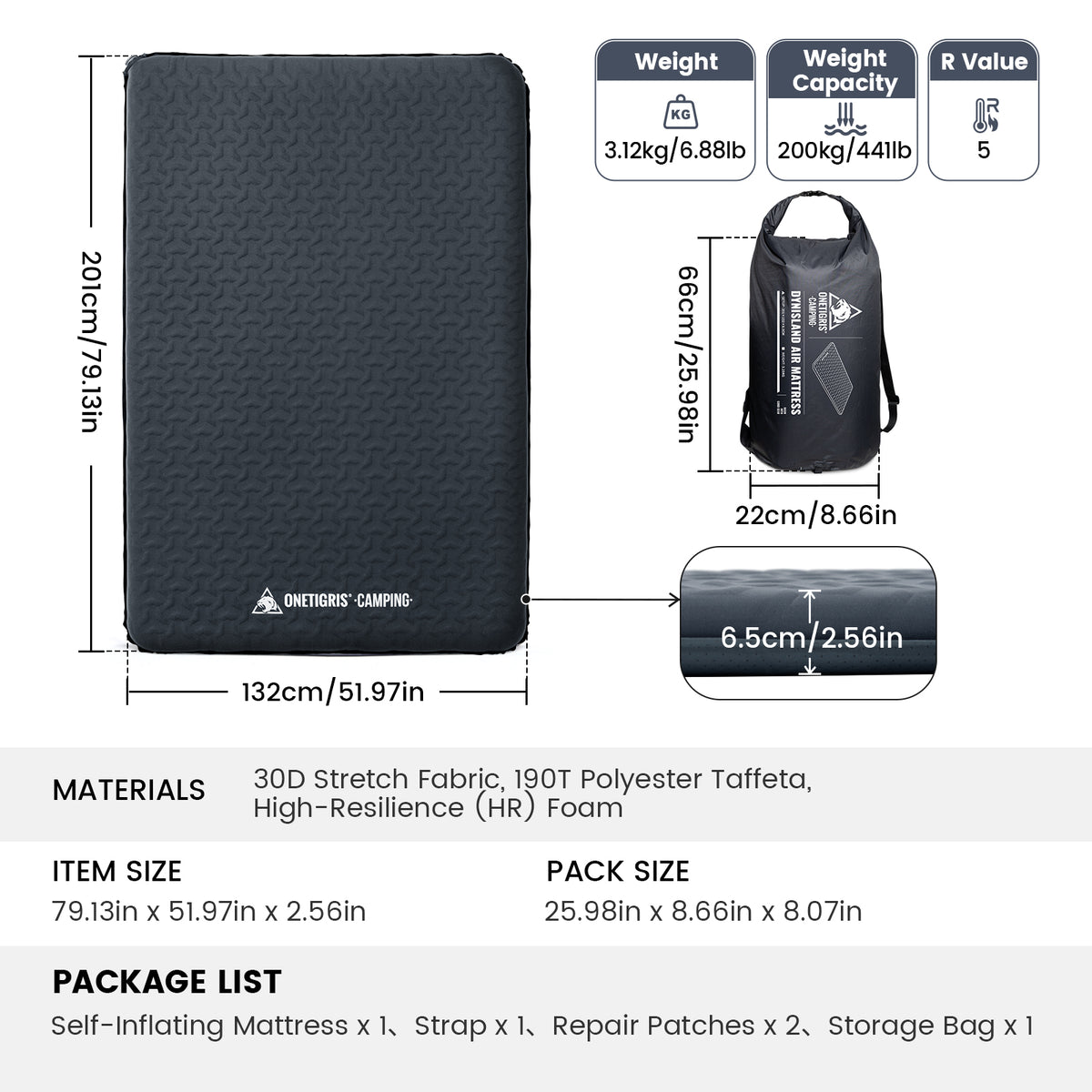 DYNISLAND AIR inflatable mattress with dimensions, weight, and material details on a white background