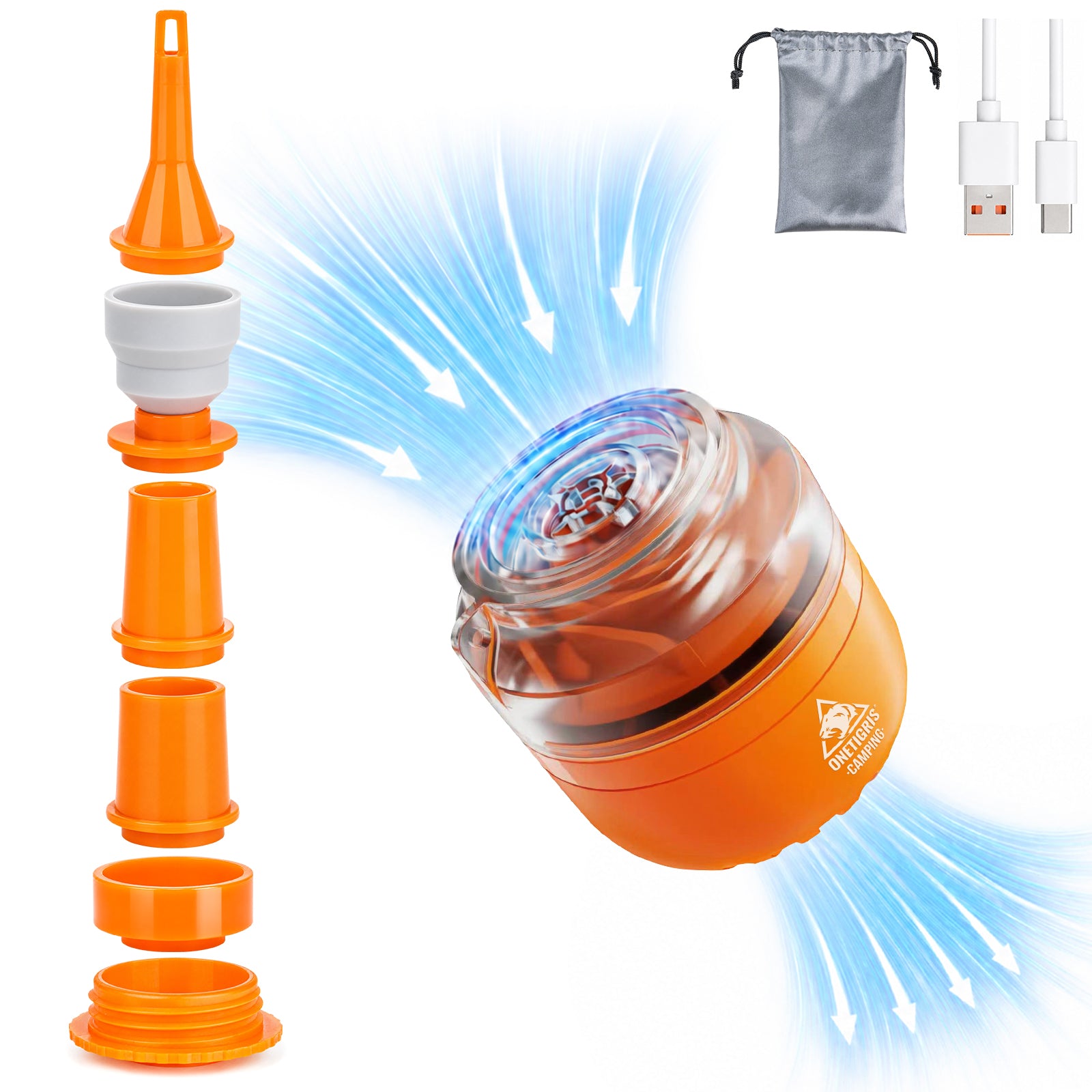 The image displays an orange portable air pump: on the left are six different nozzle attachments, while the central unit is shown in operation, indicating airflow intensity; a gray drawstring storage bag and USB accessories are included in the upper right corner. As no people, animals, or real-world environments appear in the image, it is classified as a product or packaging display rather than a lifestyle scene.