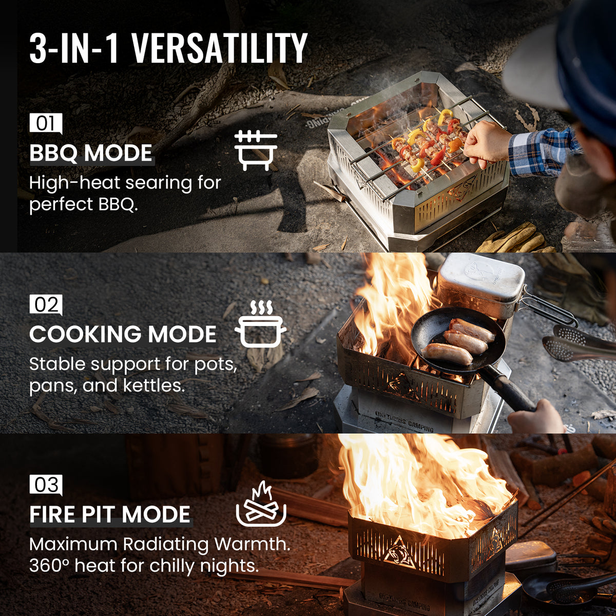 Multifunctional outdoor cooking device with BBQ, cooking, and fire pit modes.