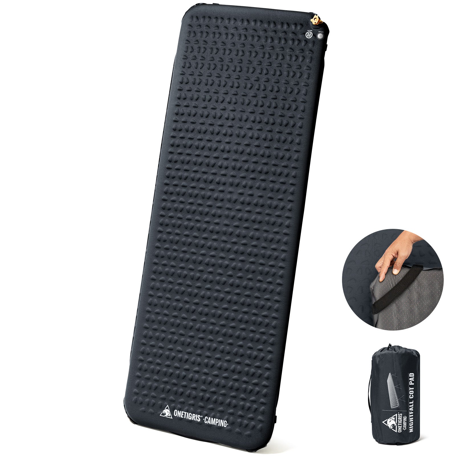 Black camping mat with textured surface and OneTigris Camping branding on a white background.