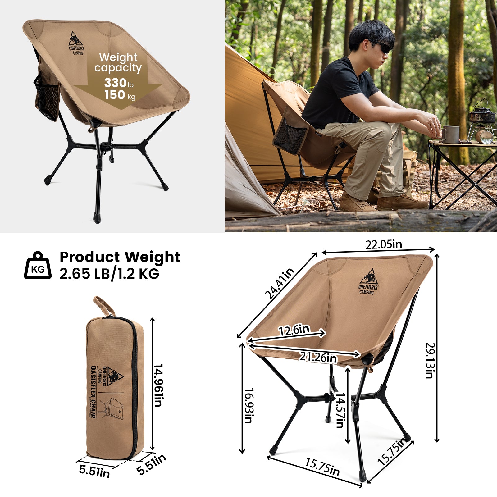 Camping chair with weight capacity, product weight, dimensions, and usage scenario in a forest setting.