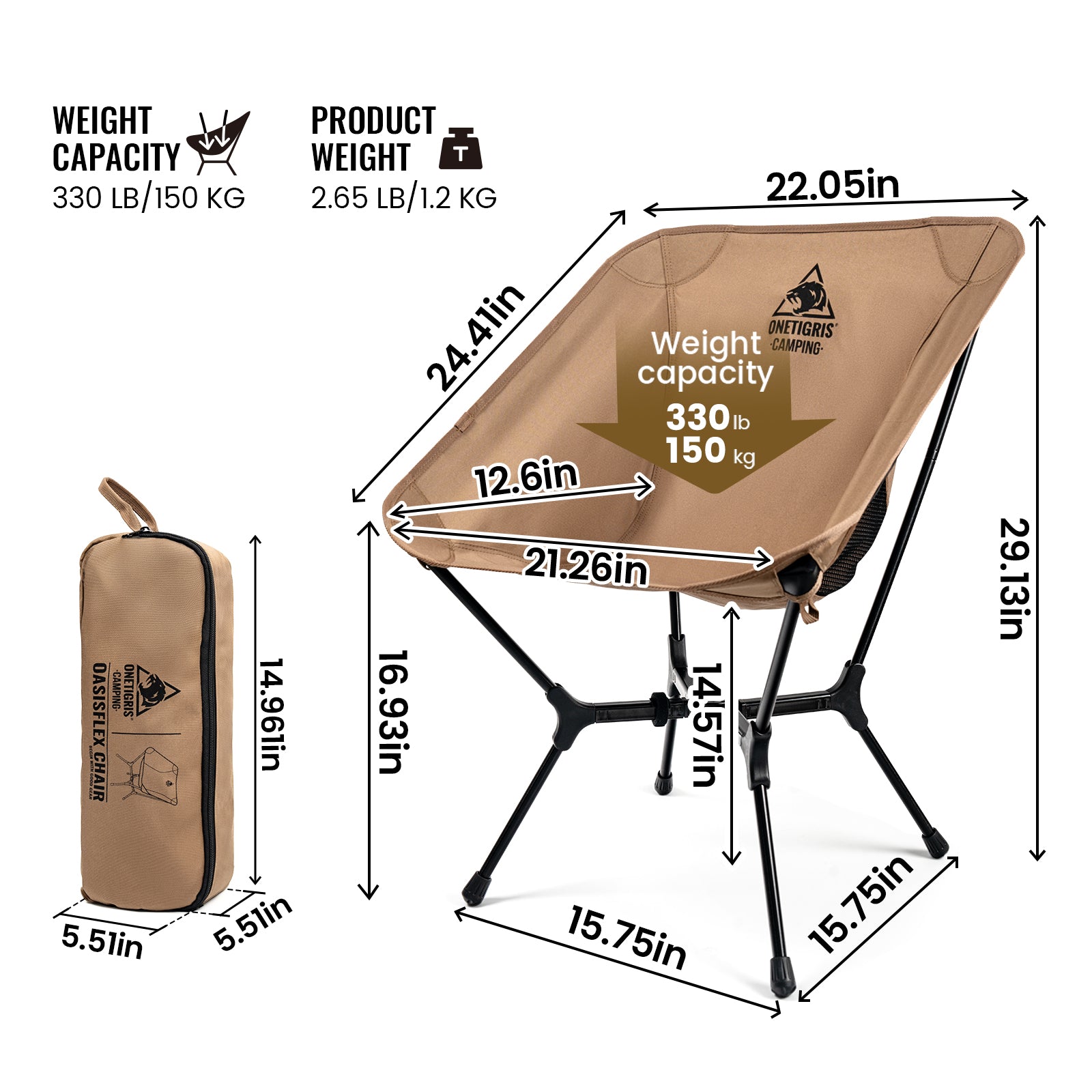 Camping chair with dimensions and weight capacity details on a white background