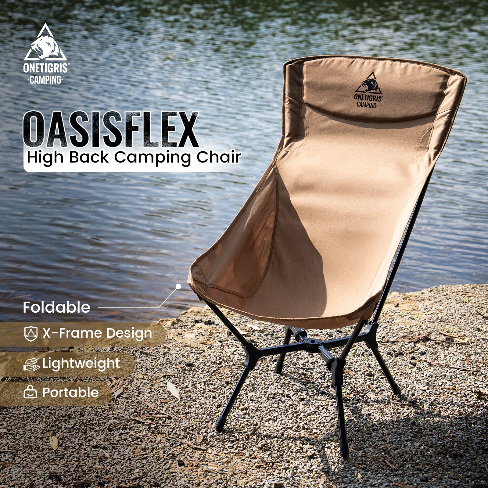 Oasisflex high back camping chair by OneTigris Camping by a body of water.