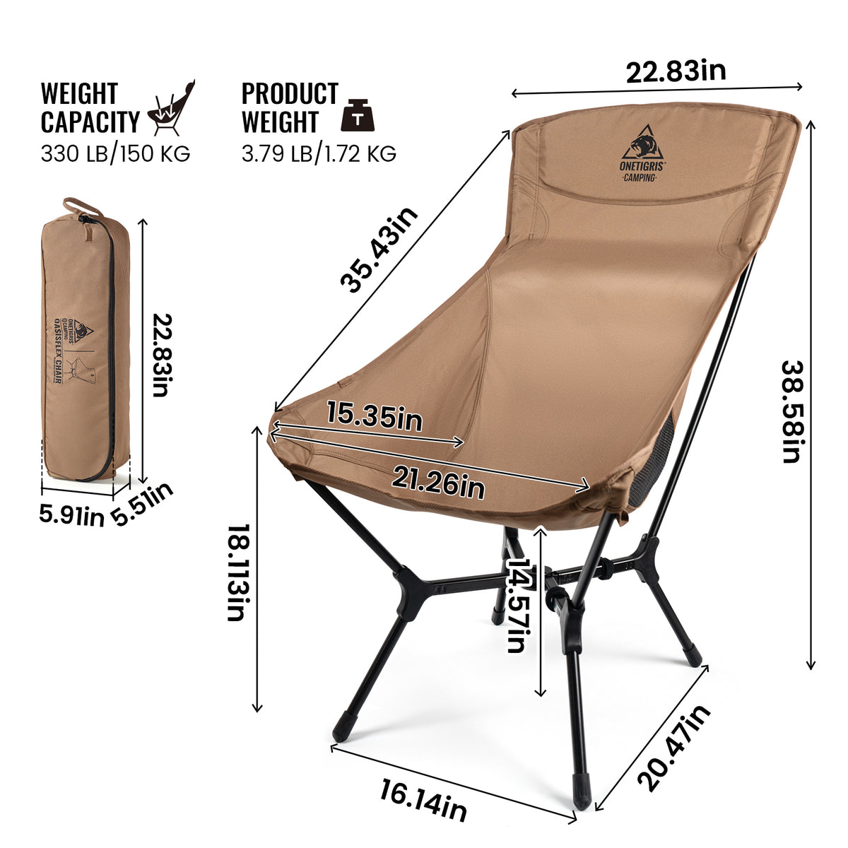 Camping chair with dimensions and product details on a white background