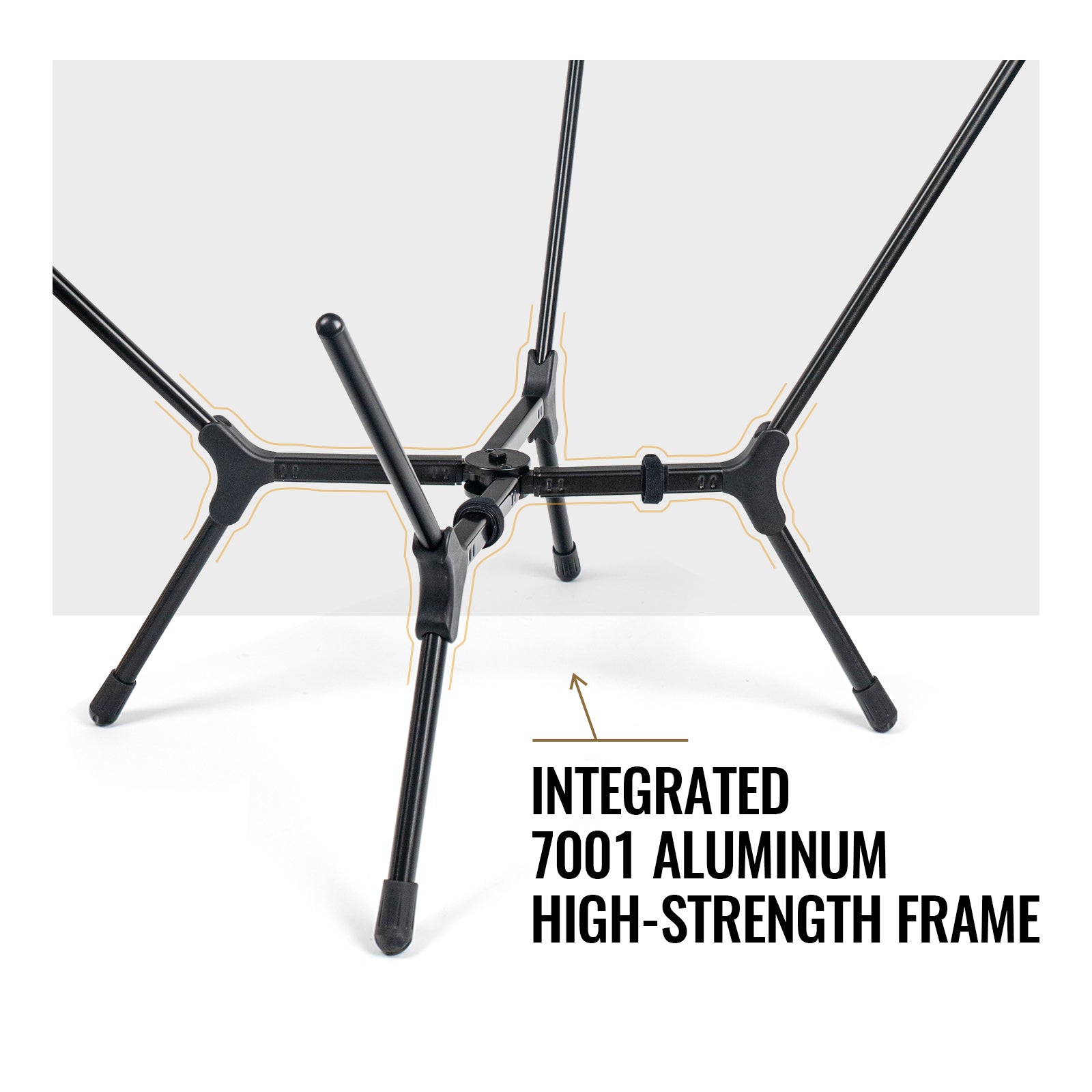 Black metal frame with text 'Integrated 7001 Aluminum High-Strength Frame' on a white background