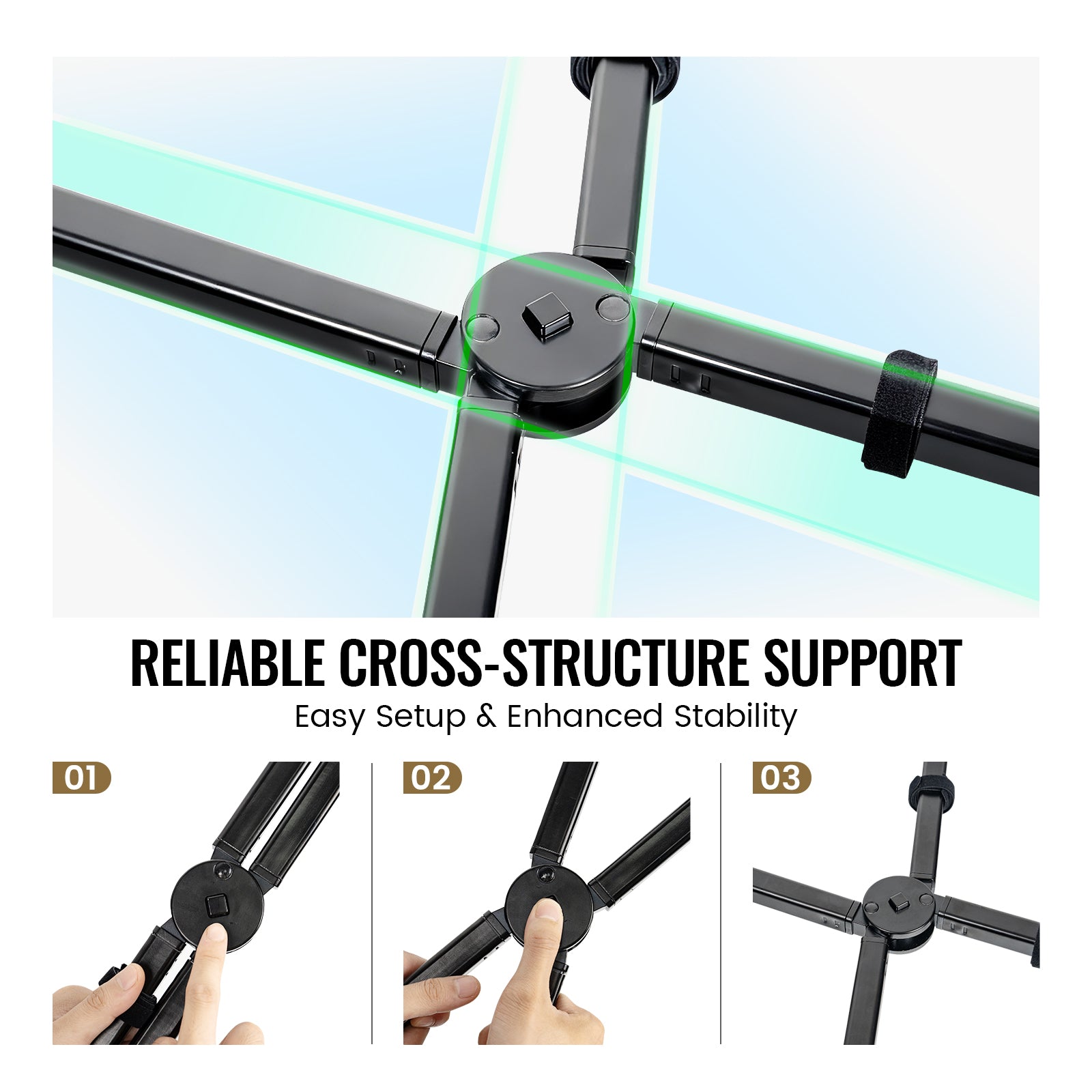 Reliable cross-structure support system with easy setup and enhanced stability on a light blue background.