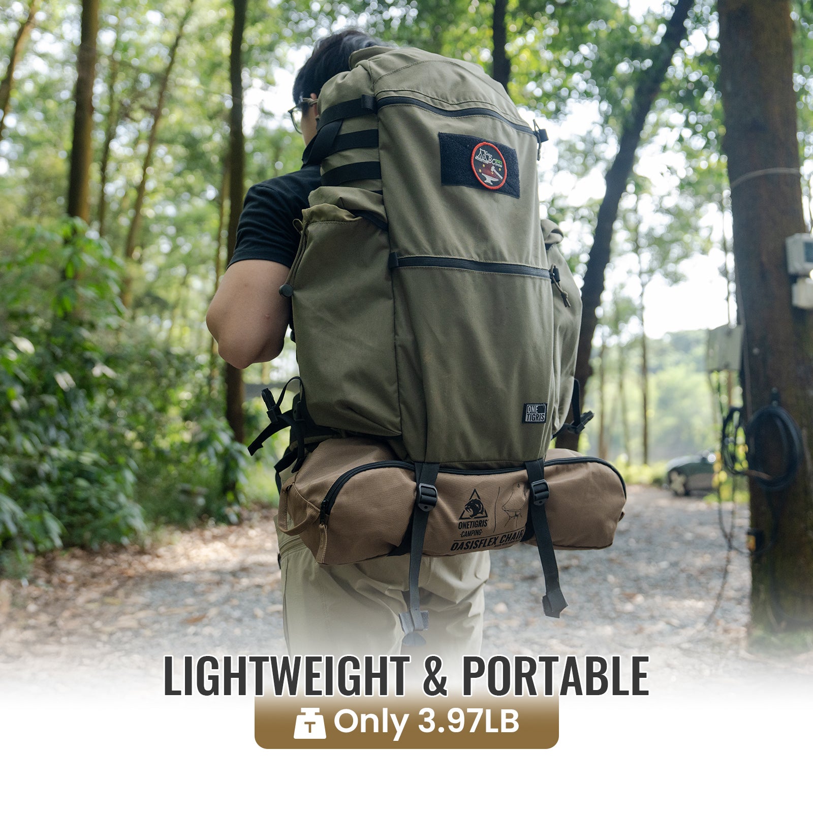 Person hiking in a forest with a large backpack, featuring text about weight.