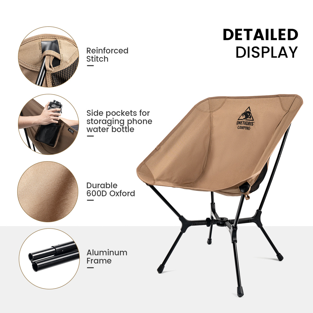 Camping chair with features highlighted on a white background