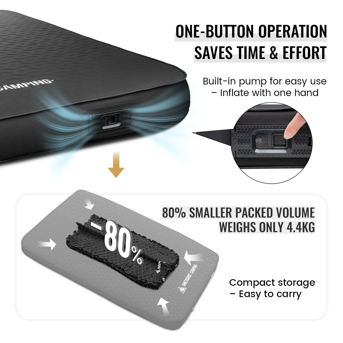 Inflatable device with pump and text highlighting features on a white background