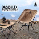 Oasisflex camping chair with table and cooking equipment on a camping site, featuring the OneTigris Camping logo.