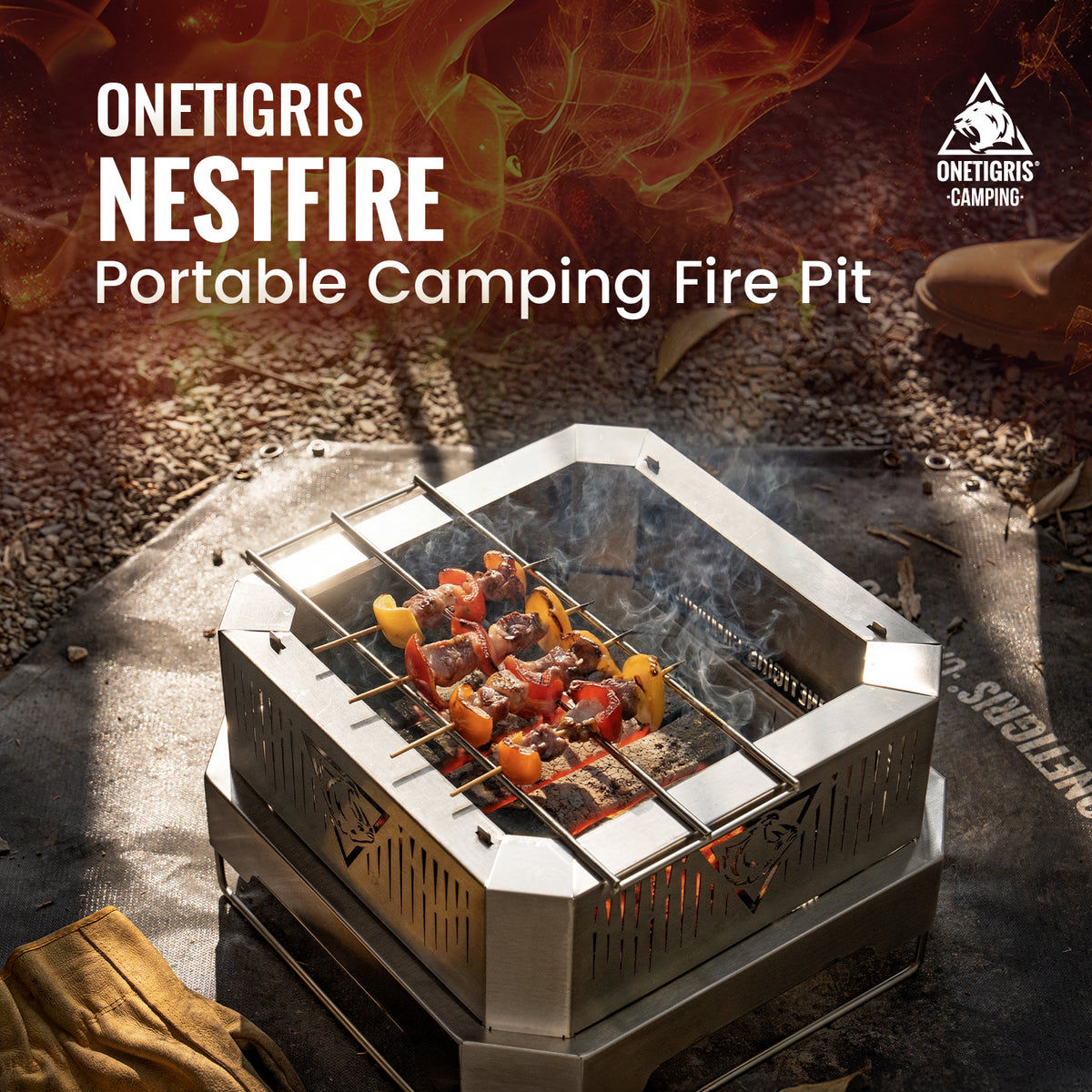 Portable camping fire pit with food being cooked, branded as ONETIGRIS NESTFIRE.
