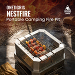 Portable camping fire pit with food being cooked, branded as ONETIGRIS NESTFIRE.